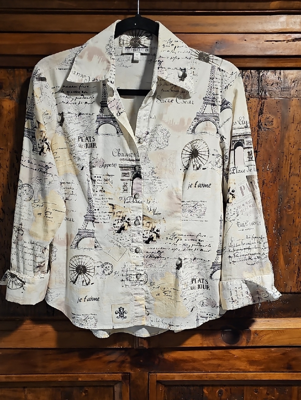 Mischa Paris Print Button-Up Shirt in Cream and Black